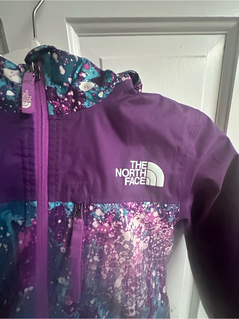 The North Face Purple & Teal Splash print Hooded Kids Raincoat